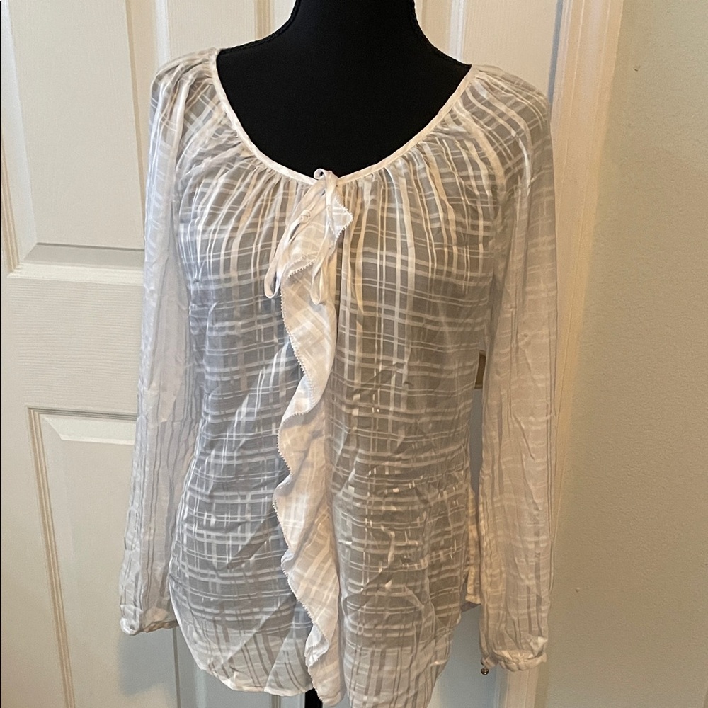 White House Black Market Sheer White Ruffled Blouse small